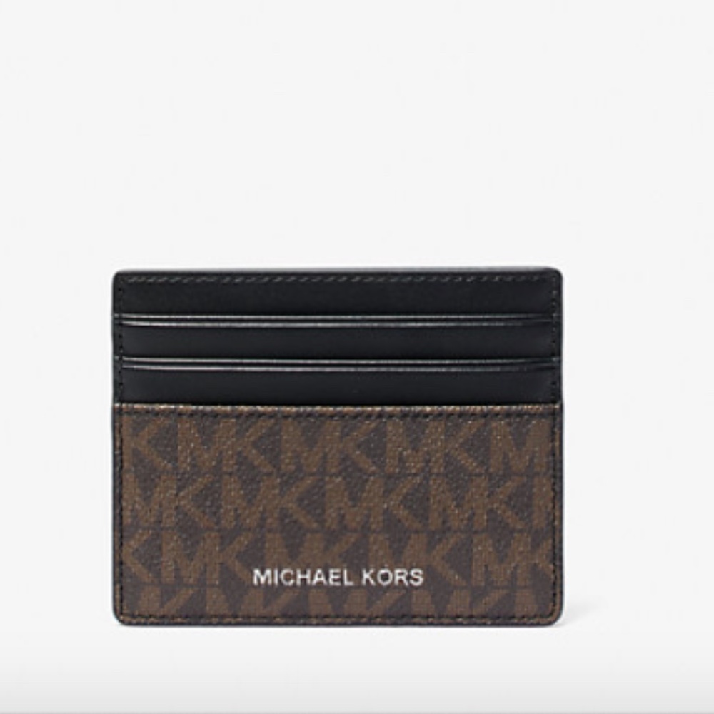 Michael Kors Mens Brown Black Greyson Logo Print Canvas Tall Card Holder Case